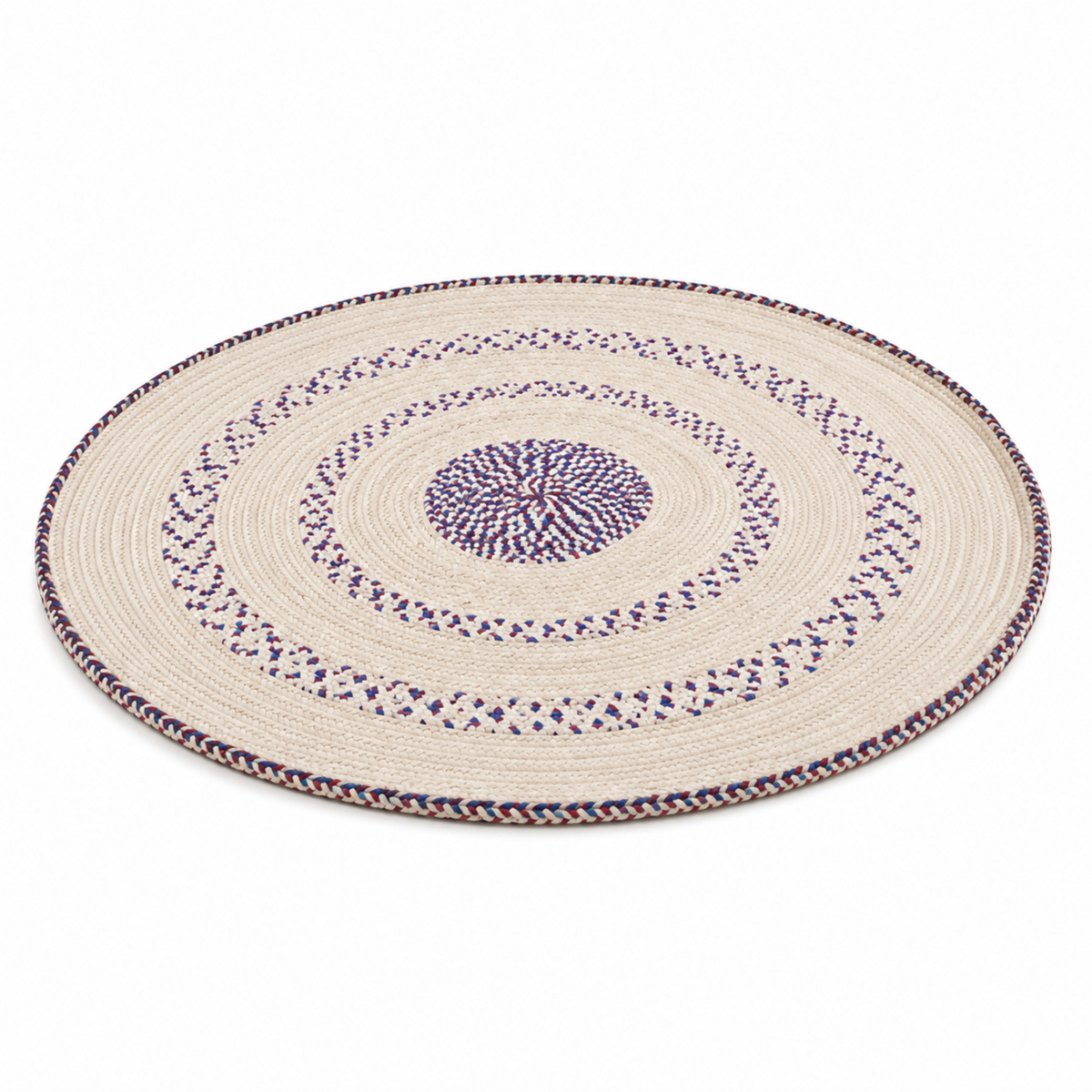 Handwoven Traditional Yemeni Round Sufra Table Mat – Cream with Red & Blue Woven Accents, 32-Inch