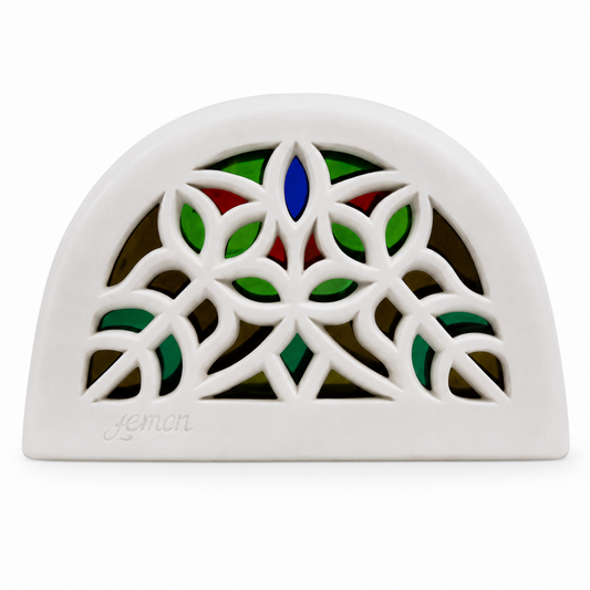 Yemeni Arched Decorative Accent with Multicolor Stained-Glass-Style Geometric Design - Large