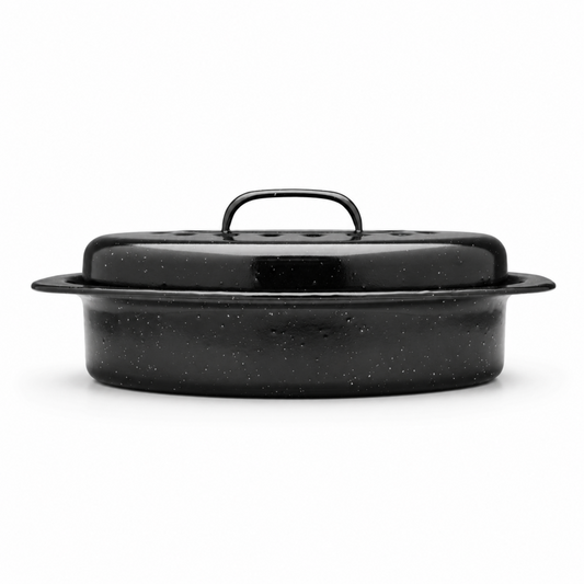 El Adham 13-Inch Oval Enamel Roaster Pan with Lid and Removable Chrome-Plated Grate, Black Speckled Nonstick Bakeware