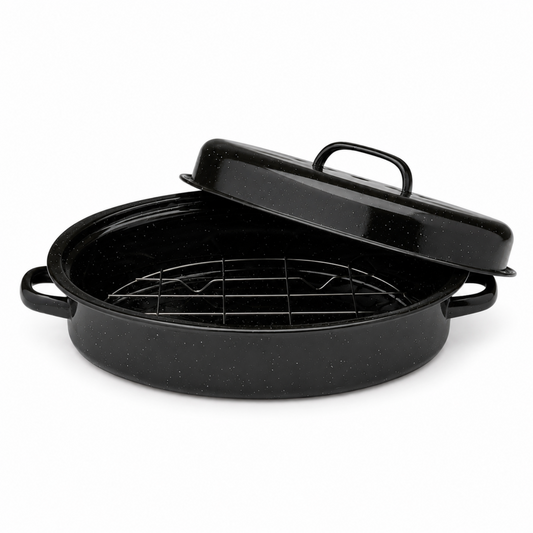 15-Inch Oval Covered Roaster with Metal Grate, Black Speckled Bakeware