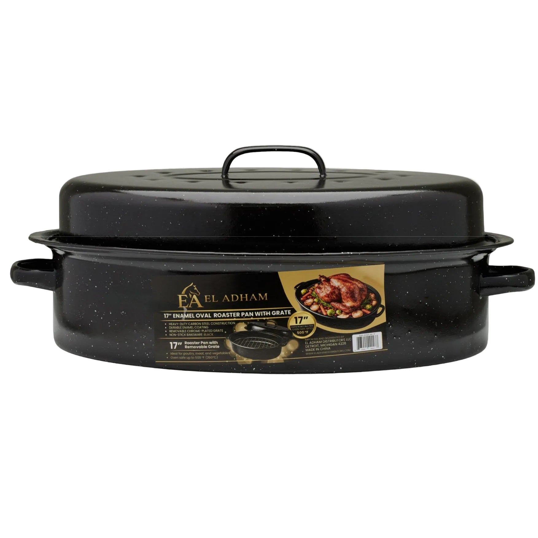 17" Oval Covered Roaster with Metal Grate - Black | Oven-Safe Non-Stick Bakeware