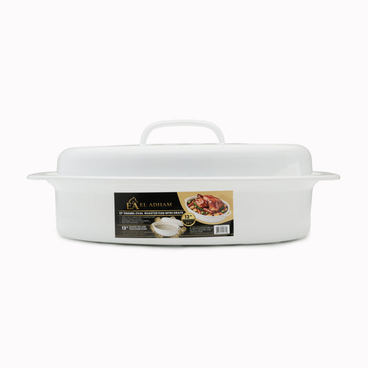 13-Inch Oval Covered Roaster with Lid and Metal Grate, Ivory Bakeware Dish