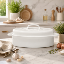 17-Inch Oval Covered Roaster with Metal Grate, Ivory Speckled Oven-Safe Non-Stick Bakeware