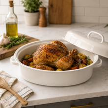 17-Inch Oval Covered Roaster with Metal Grate, Ivory Speckled Oven-Safe Non-Stick Bakeware