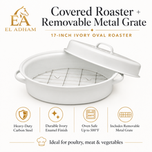 17-Inch Oval Covered Roaster with Metal Grate, Ivory Speckled Oven-Safe Non-Stick Bakeware