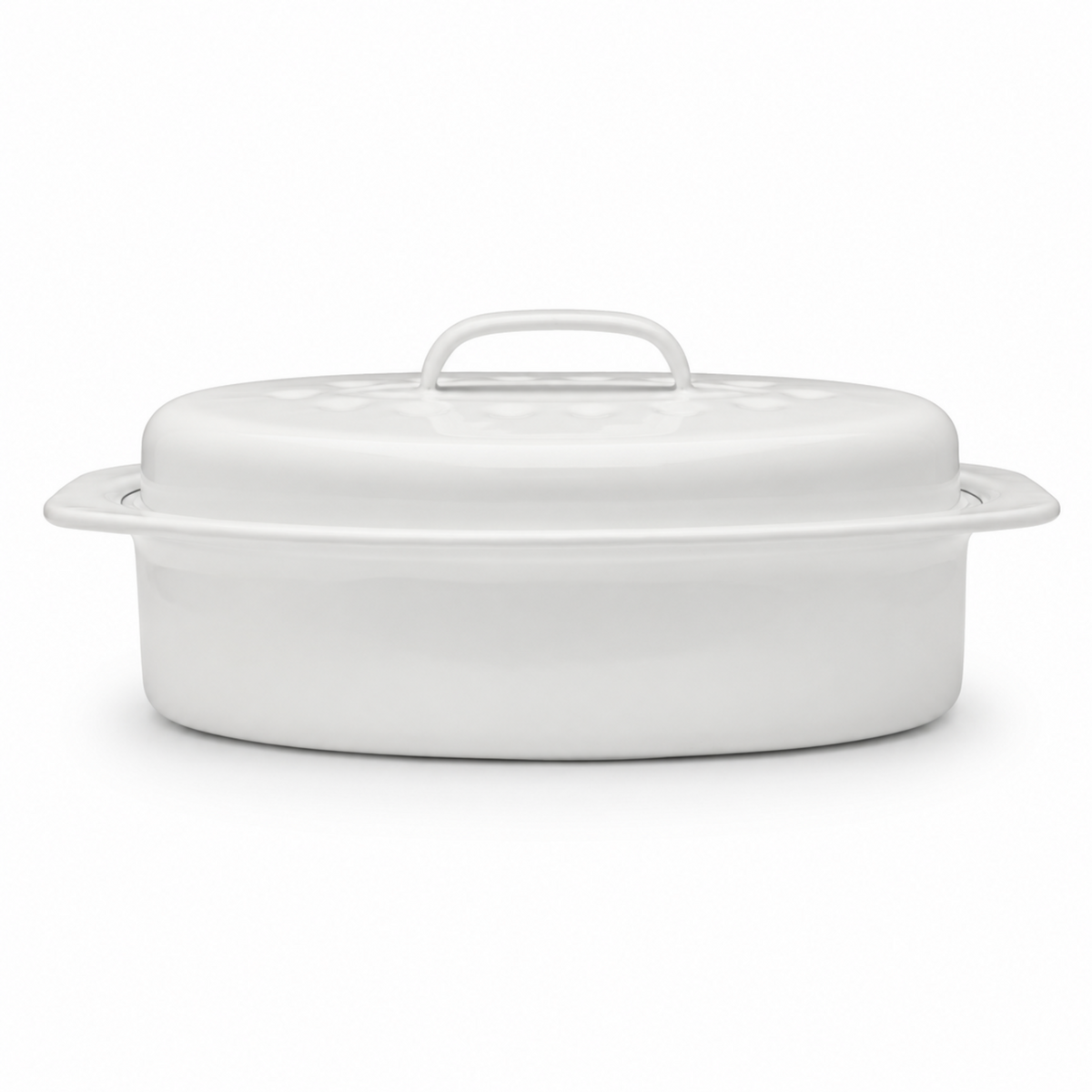 17-Inch Oval Covered Roaster with Metal Grate, Ivory Speckled Oven-Safe Non-Stick Bakeware