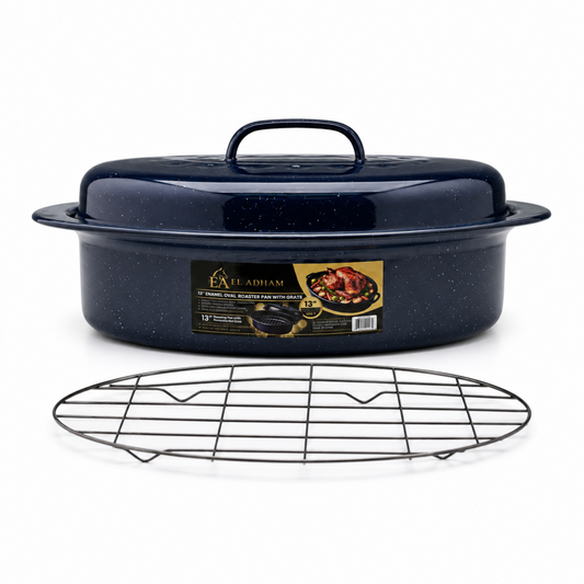 13" Oval Covered Roaster with Metal Grate - Navy Blue | Oven-Safe Non-Stick Bakeware