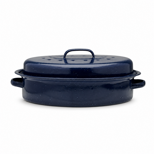 15-Inch Oval Covered Roaster with Metal Grate, Navy Blue Speckled Bakeware