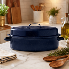 17-Inch Oval Covered Roaster with Metal Grate, Navy Blue Speckled Oven-Safe Non-Stick Bakeware