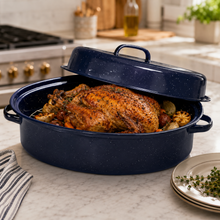 17-Inch Oval Covered Roaster with Metal Grate, Navy Blue Speckled Oven-Safe Non-Stick Bakeware