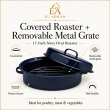 17-Inch Oval Covered Roaster with Metal Grate, Navy Blue Speckled Oven-Safe Non-Stick Bakeware