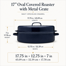 17-Inch Oval Covered Roaster with Metal Grate, Navy Blue Speckled Oven-Safe Non-Stick Bakeware