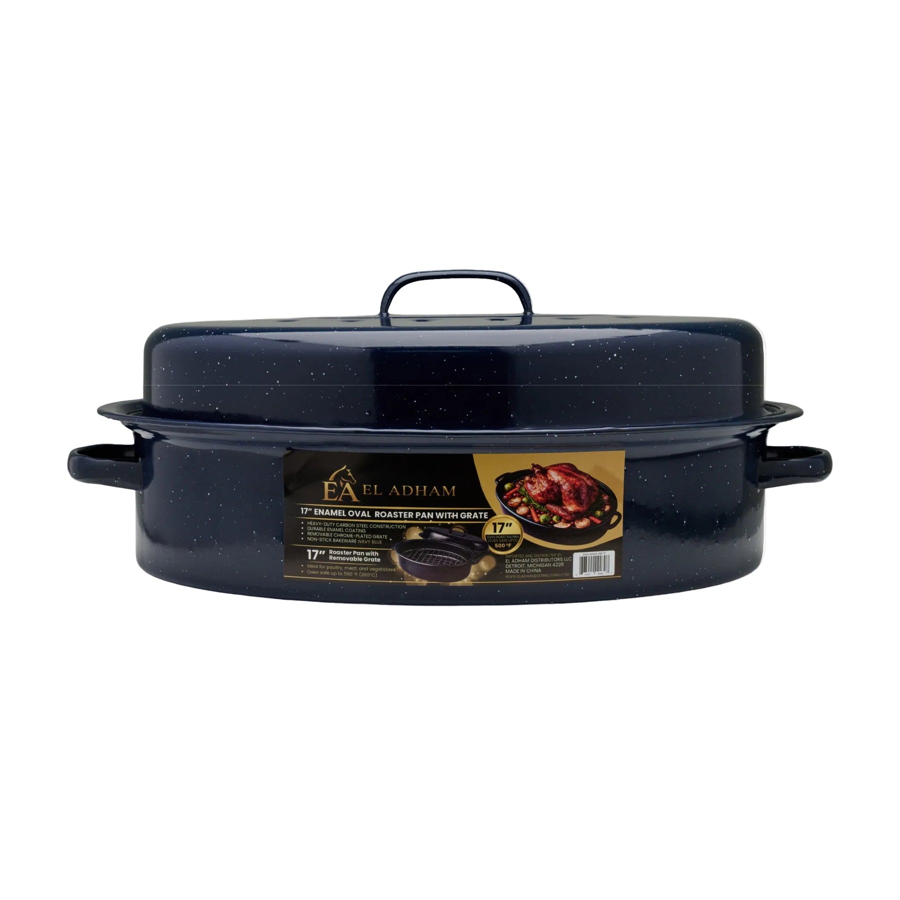 17" Oval Covered Roaster with Metal Grate - Navy Blue | Oven-Safe Non-Stick Bakeware