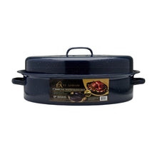 17-Inch Oval Covered Roaster with Metal Grate, Navy Blue Speckled Oven-Safe Non-Stick Bakeware