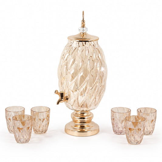 7-Piece Amber Glass Beverage Dispenser Set - 8L Drink Server
