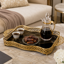 Luxury Black & Gold Glass Serving Tray Set, 2-Piece Rectangular Decorative Tray Set with Gold Handles