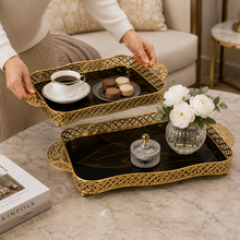 Luxury Black & Gold Glass Serving Tray Set, 2-Piece Rectangular Decorative Tray Set with Gold Handles