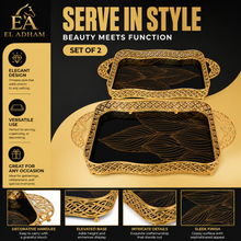 Luxury Black & Gold Glass Serving Tray Set, 2-Piece Rectangular Decorative Tray Set with Gold Handles