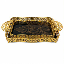 Luxury Black & Gold Glass Serving Tray Set, 2-Piece Rectangular Decorative Tray Set with Gold Handles