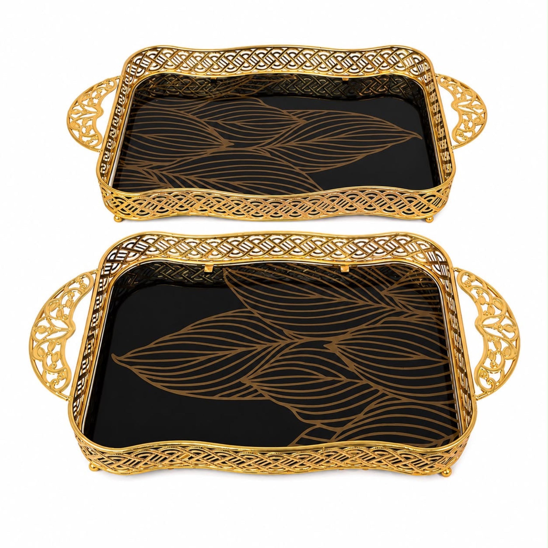 Luxury Black & Gold Glass Serving Tray Set, 2-Piece Rectangular Decorative Tray Set with Gold Handles