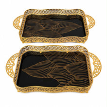 Luxury Black & Gold Glass Serving Tray Set, 2-Piece Rectangular Decorative Tray Set with Gold Handles