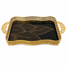 Luxury Black & Gold Glass Serving Tray Set, 2-Piece Rectangular Decorative Tray Set with Gold Handles