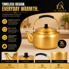 3L Golden Tea Kettle with Black Grip Handle and Fitted Lid