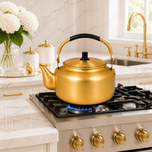 8L Golden Tea Kettle with Black Grip Handle and Fitted Lid
