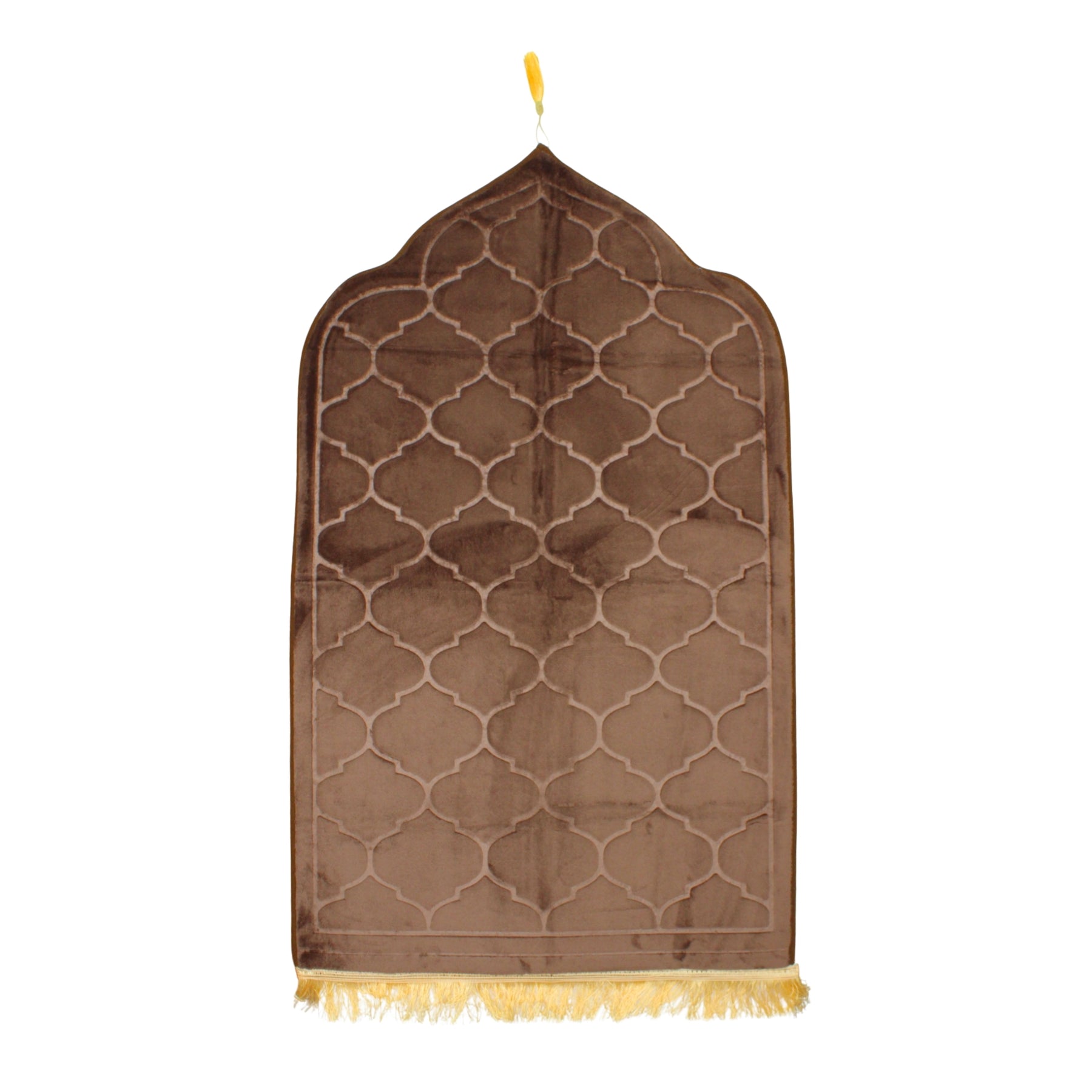 Brown Premium Velvet Muslim Prayer Rug with Embossed Geometric Pattern and Gold Fringe – 46 × 26 Inch