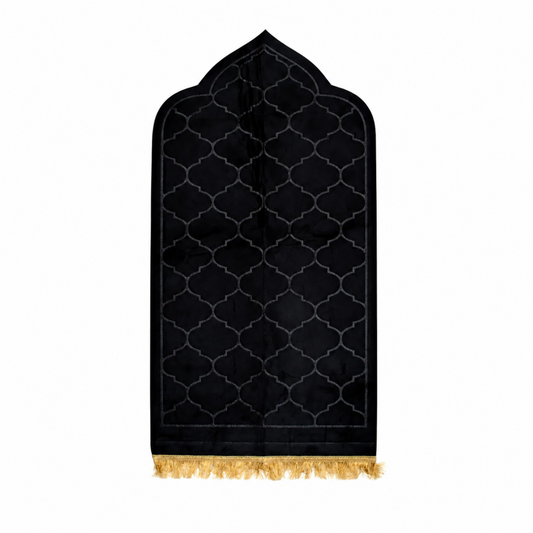Black Velvet Muslim Prayer Rug with Embossed Geometric Pattern and Gold Fringe – 46 × 26 Inch