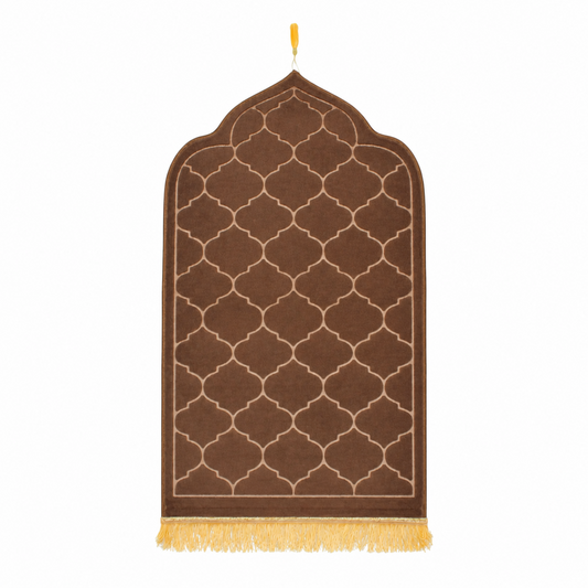 Brown Premium Velvet Muslim Prayer Rug with Embossed Geometric Pattern and Gold Fringe – 46 × 26 Inch
