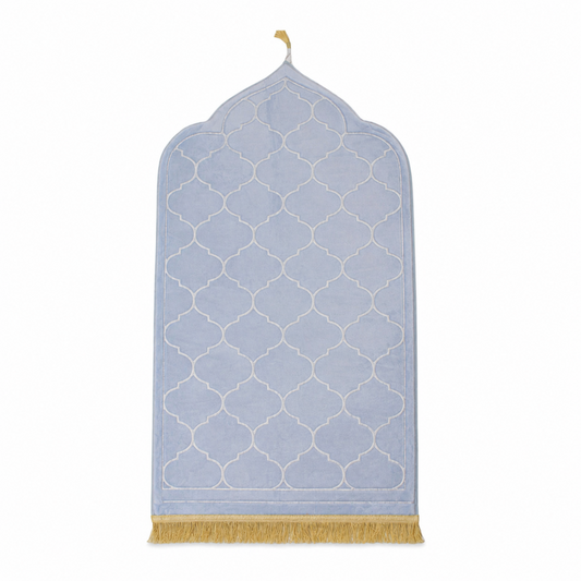 Ice Blue Velvet Muslim Prayer Rug with Embossed Geometric Pattern and Gold Fringe – 46 × 26 Inch