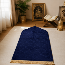Navy Blue Velvet Muslim Prayer Rug with Embossed Geometric Pattern and Gold Fringe – 46 × 26 Inch