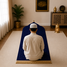 Navy Blue Velvet Muslim Prayer Rug with Embossed Geometric Pattern and Gold Fringe – 46 × 26 Inch