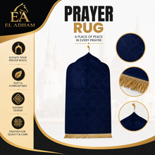 Navy Blue Velvet Muslim Prayer Rug with Embossed Geometric Pattern and Gold Fringe – 46 × 26 Inch