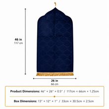 Navy Blue Velvet Muslim Prayer Rug with Embossed Geometric Pattern and Gold Fringe – 46 × 26 Inch