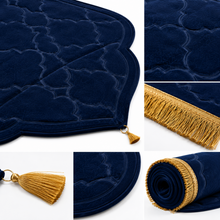 Navy Blue Velvet Muslim Prayer Rug with Embossed Geometric Pattern and Gold Fringe – 46 × 26 Inch