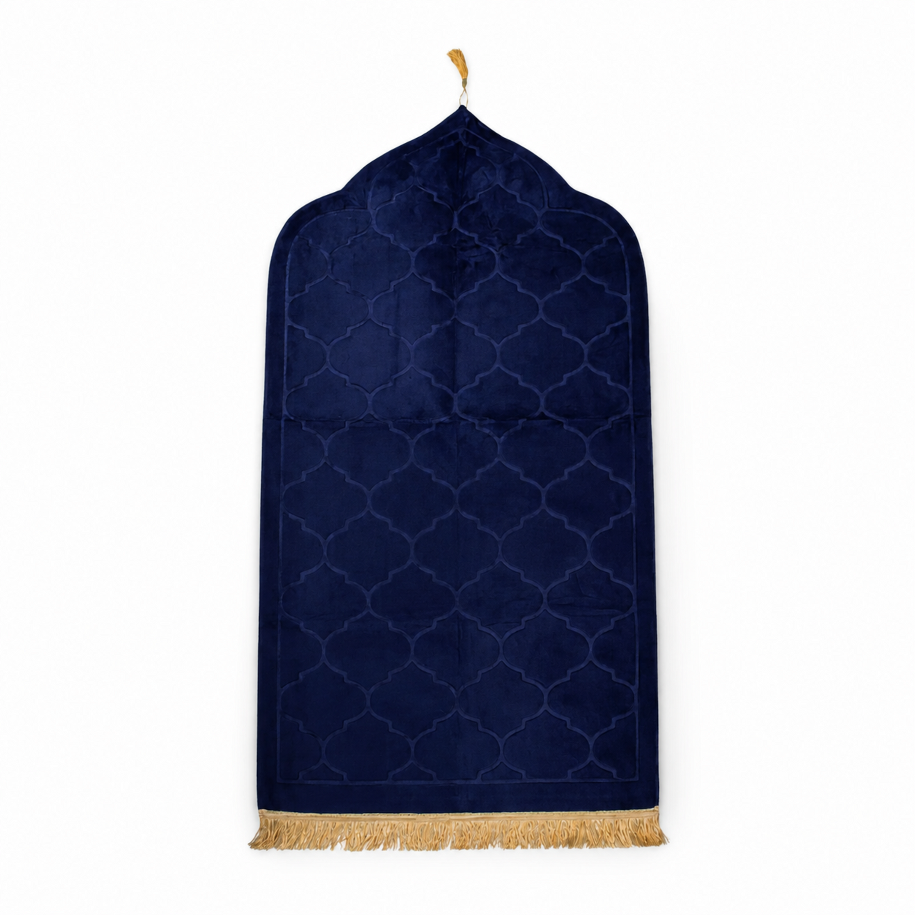 Navy Blue Velvet Muslim Prayer Rug with Embossed Geometric Pattern and Gold Fringe – 46 × 26 Inch