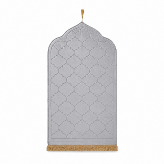 Silver Velvet Muslim Prayer Rug with Gold Tassels, 46 x 26 Inch