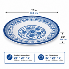 20-Inch Round Blue and White Decorative Serving Tray with Floral Design