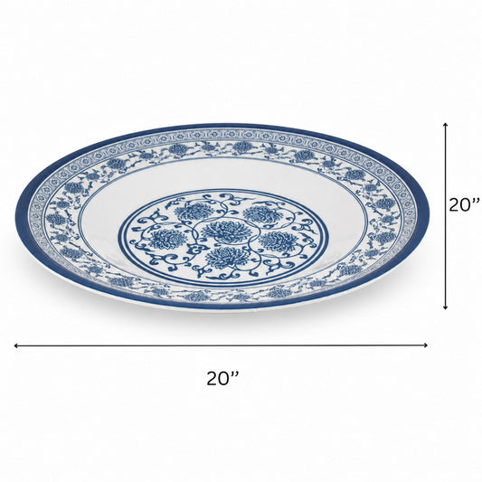 Large Round Blue and White Decorative Serving Tray - 20"