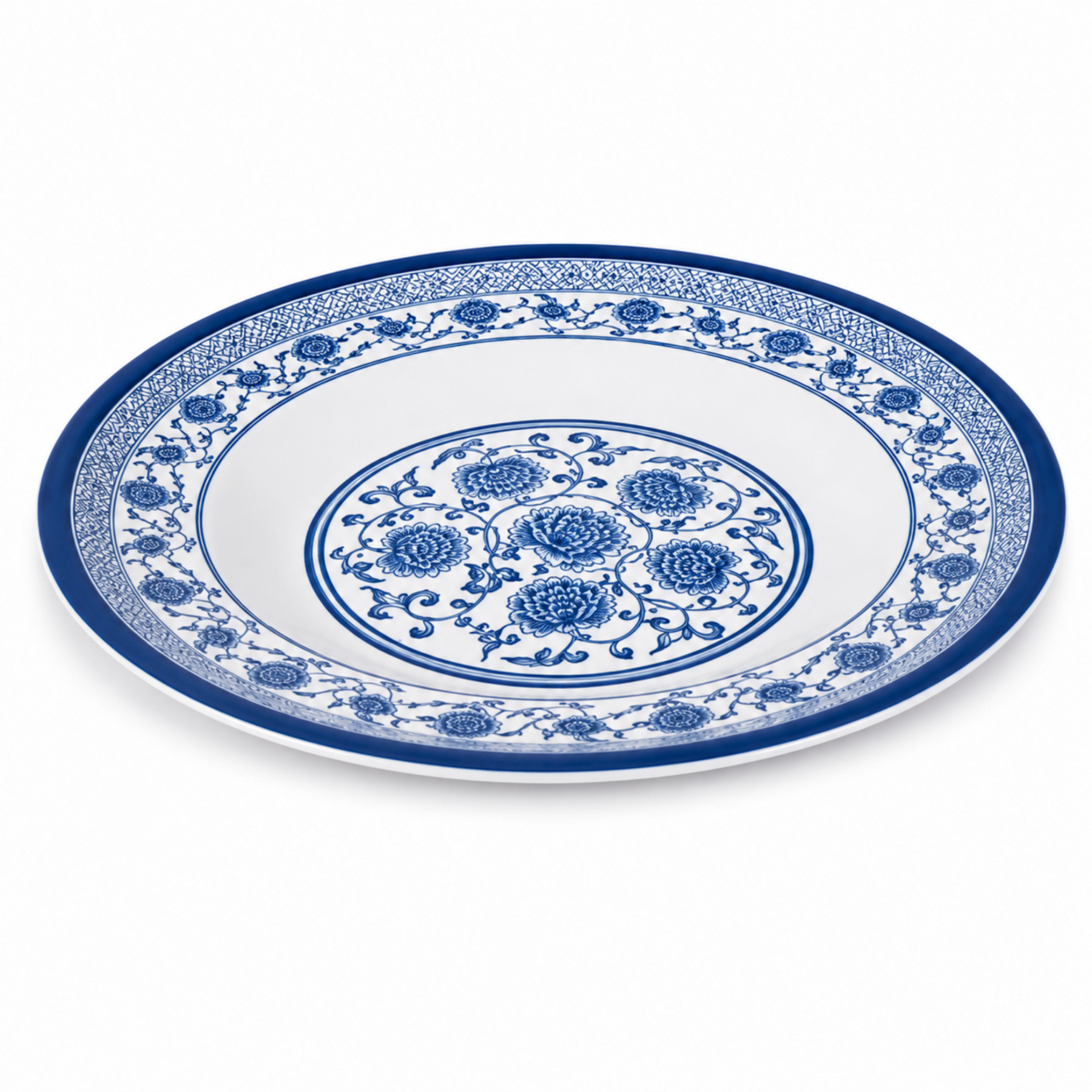 20-Inch Round Blue and White Decorative Serving Tray with Floral Design