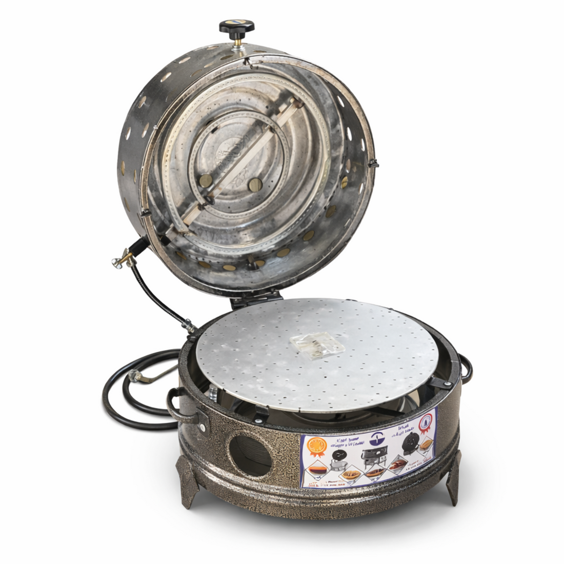 Portable stove with a perforated design on a white background