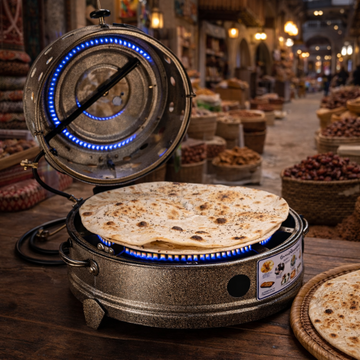 Flatbread being cooked on a portable stove with a market background