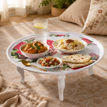 27.5-Inch Round Floral Low Serving Table with Raised Rim, White