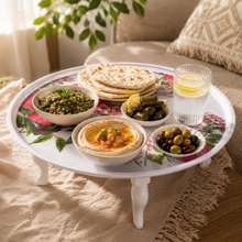 27.5-Inch Round Floral Low Serving Table with Raised Rim, White
