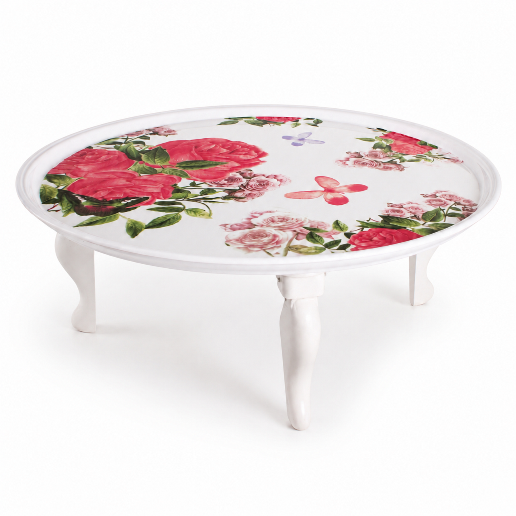 27.5-Inch Round Floral Low Serving Table with Raised Rim, White