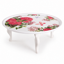 27.5-Inch Round Floral Low Serving Table with Raised Rim, White
