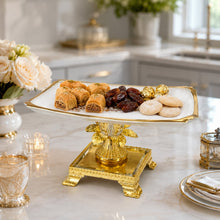 Luxury Elevated Ceramic Serving Tray with Gold Pedestal Stand