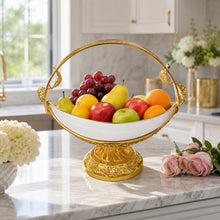 Luxury Gold Pedestal Fruit & Serving Bowl with Handle and Gold Floral Accents